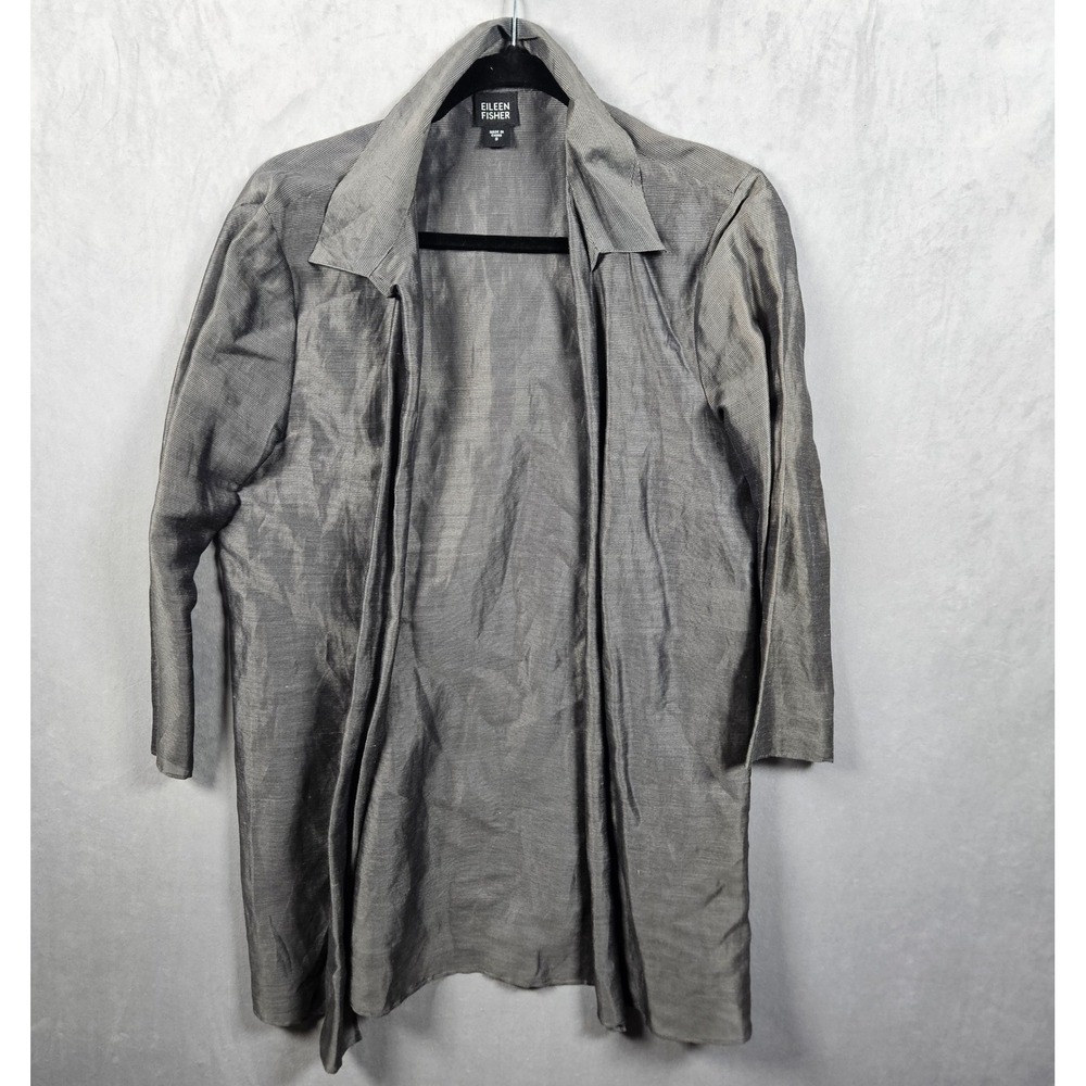 Eileen Fisher Cardigan Womens Small Linen Silk Open Front Grey RibbedJacket